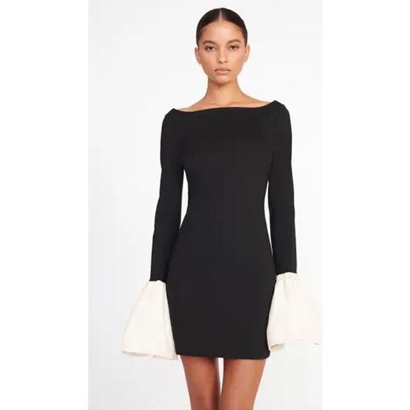 Staud Hawthorne Black & Ivory Ponte Cocktail Mini Dress bell sleeve size XS - Picture 13 of 15
